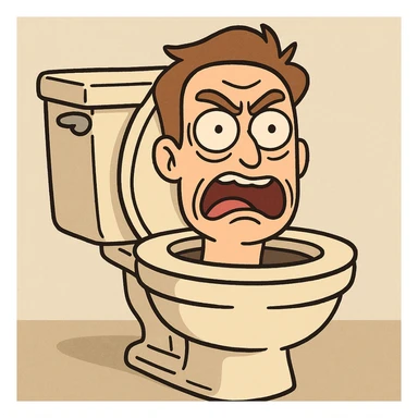 a man's head peeking out of a toilet bowl, exaggerated expression, cartoon style sticker