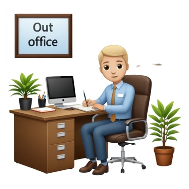 imagen de oficina con escritorio, silla, notebook, agenda y una plata con un cartel que diga FUERA DE OFICINA sticker