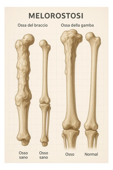 A highly realistic medical illustration focusing on a human arm and leg bones affected by melorheostosis. The bones appear visibly thickened, irregular, and larger than normal, with clear, layered bone growth resembling melted wax dripping down the side of the bones. The image shows a side-by-side comparison with a healthy bone for clarity, highlighting the difference in size and texture. The color palette includes neutral bone colors with subtle shading to show the abnormal contours and ridges. The background is clean and minimalistic, with faint anatomical grid lines for a scientific, educational feel. The overall mood is informative and precise, conveying the key visual characteristic of melorheostosis: progressive bone thickening that makes bones visibly larger and irregular. in italiano sticker