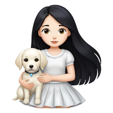 A girl with long black hair, a beautiful white skirt and fair skin is holding a white Labrador sticker