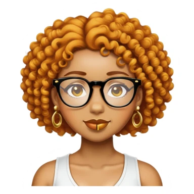 Add a gold nose piercing, gold septum piercing, and gold earrings to the light skin black woman with short ginger curly hair and glasses in emoji style. sticker