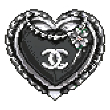 glossy black heart with a string of pearls around it, featuring a silver Chanel logo in the center, elegant, black and white color scheme, pixel art style sticker