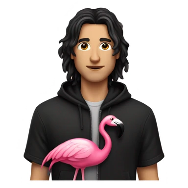 white man with black long hair, with a black zip up hoodie, holding a flamingo sticker