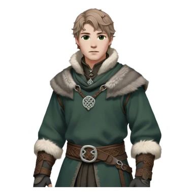 Medieval winter outfit worn by a DnD themed fantasy male character. Heavy charcoal wool tunic with arctic wolf fur lining, adorned with intricate iron clasps and a thick leather belt with celtic knotwork. Clothes only above the waist, full waist coverage. The character has no arms. Character is white-skinned with light brown hair, gray-green eyes, and short wavy hair dusted with winter's touch. sticker