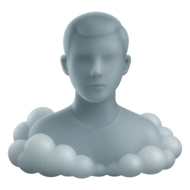 person looking straight, shoulders immersed in fluffy convex white clouds, matte glass style sticker