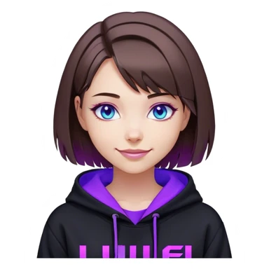 brown haired girl with a bob blue eyes wearing black hoody with violet letters "Lu", smile. Cyberpunk style. Violet neon. sticker