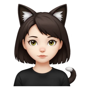 a girl with pale skin, short dark brown hair with lots of dandruff , cat ears and a tail, with a black t-shirt on sticker