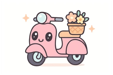 A Vespa scooter icon in a cartoonish style, with a bright pink body, large expressive eyes on the front, and a small flower basket attached to the handlebars. sticker