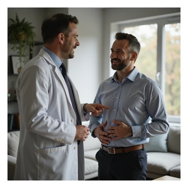 realistic 4K man consulting a nutritionist, pointing at his belly with a hopeful expression, professional environment sticker