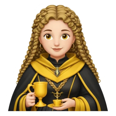 Helga Hufflepuff, 2 curly thick brown braids, yellow-black medieval dress, black cloak decorated with gold braiding, tiny two-handled shiny yellow-gold cup, very kind smile, curvy busty sweet woman, thick rosy cheeks sticker