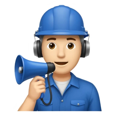 Um homem com capacete azul escuro segurando um megafone sticker