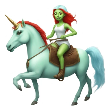 [politically incorrect
	{ woman: alien, color: light green, hair:red, eyes:cat} ]
	on a 
	[{ unicorn: white, legged:four, mane: light blue }] sticker