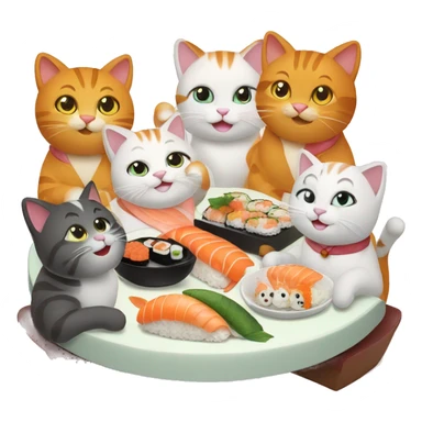 four HAPPY cats having SUSHI DINNER sticker