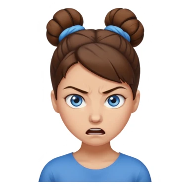 Girl with blue eyes, brown hair in a bun, angry sticker