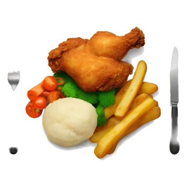 Fried chicken with fried vegetables and cooked potatoes on a plate sticker