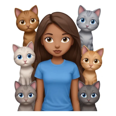 a pretty bratz dusky girl with long brown hair, blue eyes with six cats nd wearing a grey tshirt sticker