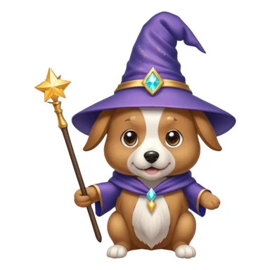 Dog wearing a wizard hat and holding a magic wand. The dog has shimmering eyes sticker