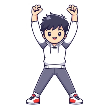 Black-haired male idol with arms up in the air, energetic performance pose, K-pop style sticker