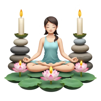 A photorealistic icon featuring a peaceful meditation pose, lotus flowers, candles, and calming natural elements like stones and incense. Soft, tranquil colors with detailed textures and lighting that convey a sense of calm and mindfulness. Transparent background. sticker