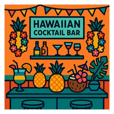 a Hawaiian cocktail bar, featuring pineapples, leis, and island-inspired decorations sticker