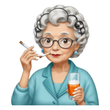 A grandma with hair curlers in while smoking and drinking with white powder under her nose sticker