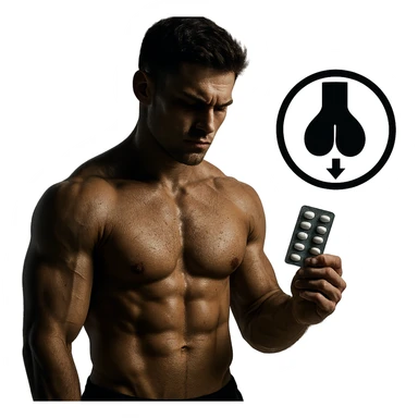 muscular young man with blister pack of pills and symbol of shrunken testicles highlighted, dark atmosphere, hyper realistic details, isolated on white background sticker