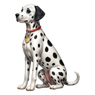 cinematic-[dalmatian dog]-realistic-full-body-sitting-emoji,-tail-resting-loosely-beside-its-paws,-head-tilted-dramatically,-sleek-[spotted]-fur,-simplified-yet-realistic-focused-features,-highly-detailed,-glowing-with-an-almost-sarcastic-glow sticker