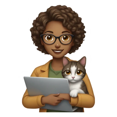 
"Young woman with medium brown skin tone, short curly hair, wearing glasses, with a friendly smile, holding a laptop in one hand and a cat in the other." sticker