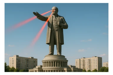 Дворец Советов, основной упор на 100-метровую фигуру Ленина, у которой из глаз вылетают 2 луча прожектора красного цвета.

На фоне можно поставить обычные пятиэтажки-панельки, которые в 20 раз меньше Дворца Советов

Стиль фото реализм, обычный солнечный день  sticker