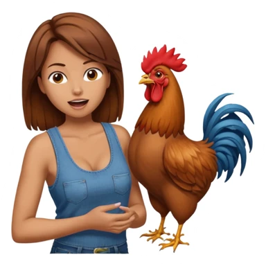 Kneeling Brown hair very large boob Woman open mouth tank top, wearing jeans touching one rooster sticker