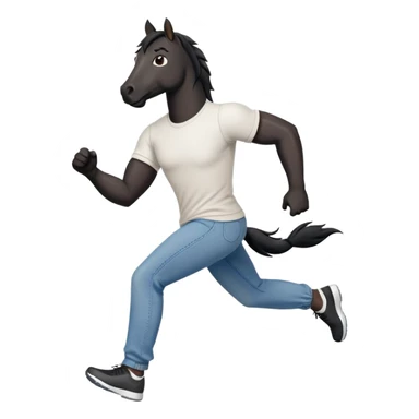 friendly anthropomorphised black stallion in jeans and a t-shirt, jogging upright in standard pose sticker