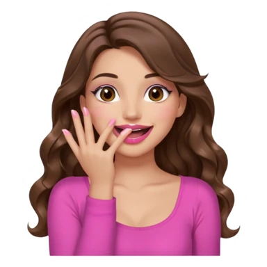 girl with long wavy brown hair, brown eyes, long lashes makeup, pink lips, light to medium complexion, pink sexy top, smiling, hand covering the mouth, giggling sticker