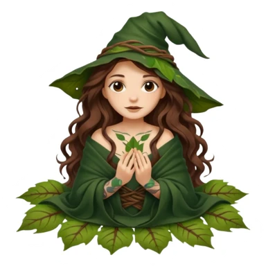 cute forest witch woman long wavy brown hair tattoos wrapped in leaf blanket sticker