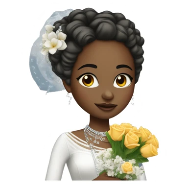 African bride. Glitter makeup. Long low curly ponytail. Silver jewelry. Holding flowers. Eyes closed. sticker