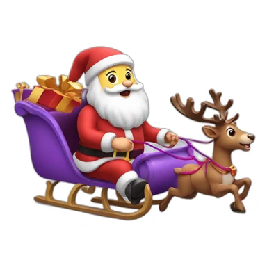 Santa Claus dressed in purple running with his sleigh and reindeer to deliver presents sticker