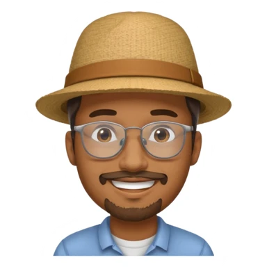 Brown man smiling with hat, clear glasses and goatee sticker
