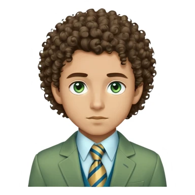 Make me an emoji of a boy with light brown skin, and his hair is voluminous and curly. And his chin is sharp with a nice jawline, and his eyebrows are more of rounded out eyebrows and they’re thick,but not too thick, and one of his eyebrows has a slit in it. And he’s wearing a green jacket with a white shirt poking out and the white shirt has a tie with gold and blue stripes on it. And his eyes are a greenish blue color. And his hair color is a dark brown, and it has some bleached curls in there. And his skin is a light brown, he’s light skinned  sticker