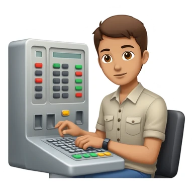 Programmer at a control panel pressing buttons sticker