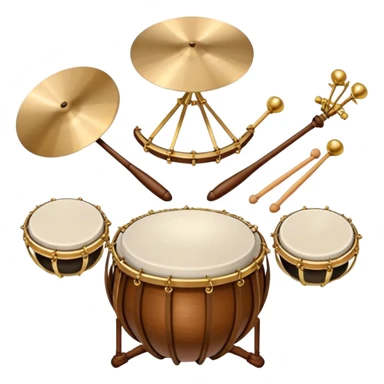 Create a heraldic, festive, and professional emblem-like emoji representing percussion instruments. The design should resemble a traditional crest, featuring a range of percussion instruments like cymbals, triangle, tambourine, maracas, timpani, and other traditional and folk percussion instruments. Arrange them symmetrically, with elements like cymbals crossing each other, a triangle at the center, and timpani or drums flanking the sides. The instruments should be depicted with metallic and wooden tones—shiny brass for cymbals, silver for the triangle, and rich wood or polished bronze for drums. Include ornate details like engraved patterns on the instruments, decorative swirls or laurels, and subtle accents to add elegance and festivity to the composition. The overall design should be cohesive, balanced, and visually striking, suitable for use as a prestigious emblem. The background should be transparent. sticker