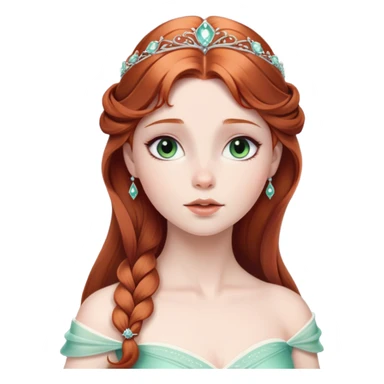 Cinematic Timeless Sleeping Beauty Portrait Emoji, rendered in a clean, vector style. Depict Aurora with delicate porcelain skin, elegantly arranged auburn hair, and a serene, graceful expression, dressed in her iconic gown. The design features bold, simplified shapes, a soft, enchanting glow, and a subtle glowing outline, capturing her timeless, fairy-tale beauty. sticker