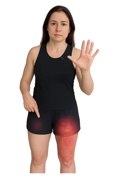 Donna con cellulite sulle cosce indica le cosce che sono infiammate di cellulite sticker