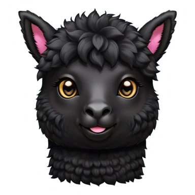 Cinematic Cute Black Alpaca Portrait Emoji, Head tilted playfully and inquisitively, featuring a plush, shiny jet-black fleece with a lustrous sheen, round, sparkling dark eyes filled with curiosity, Simplified yet irresistibly adorable features, highly detailed, glowing with a warm, friendly glow, high shine, affectionate and gentle, stylized with a touch of whimsy, bright and endearing, soft glowing outline, capturing the essence of a mischievous yet loving alpaca, so playful it feels like it could prance out of the screen and into your arms! sticker