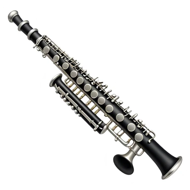 Create an emoji, representing a black standard clarinet. The design should feature a smooth, glossy black body of the clarinet with shiny, silver keys clearly visible. Highlight the intricate details of the mouthpiece and reed at the top, while the body of the instrument should remain simple and elegant. Add subtle musical notes or soundwaves floating around the instrument to symbolize its clear, melodic sound. Use black for the body, silver for the keys, and soft lighting effects to give the instrument a polished, sophisticated look. The background should be transparent. sticker