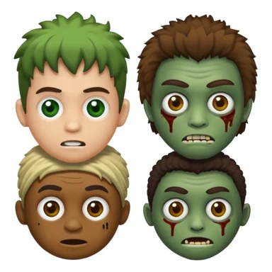 quero um emoji de um menino com pele de zumbi cabelo castanho claro e de franja, olhos menores boca fechada pele verde faça os machucados na cara inteira  sticker