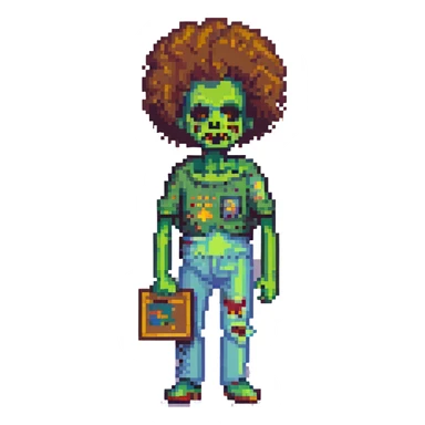 Bob Ross as a zombie, painting with his signature afro and palette, pixel art style sticker