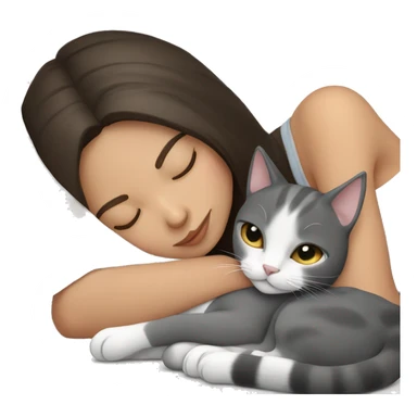 brunette girl sleeping with grey and white cat sticker