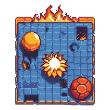 Bomberman horizontal explosion tile, flames extending left to right across full width, bright orange and yellow core with red edges, flames about 60% of tile height, centered vertically, flame wisps details sticker