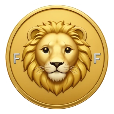 Pièce d’or ronde vue de face, lettre F gravée au centre, tête de lion fine et discrète en arrière‑plan, style emoji simple. sticker