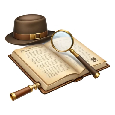 Icon for Detective Reading: an open book with text and a magnifying glass on the pages, a classic detective hat and a pipe, surrounded by clues like footprints, a revolver and a notepad. The icon should represent the mystery and intrigue of detective stories. Transparent background. sticker