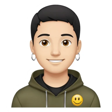 man with smiley face, black hair military cut, brown eyes, wearing 2 circle earrings and a black hoodie sticker